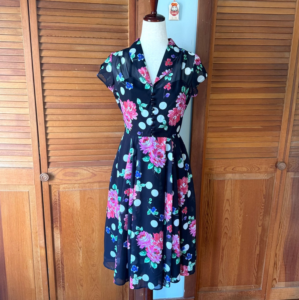 Hell Bunny Black Pink Rose Dark Cottage Retro Romantic Feminine Dress XS-S